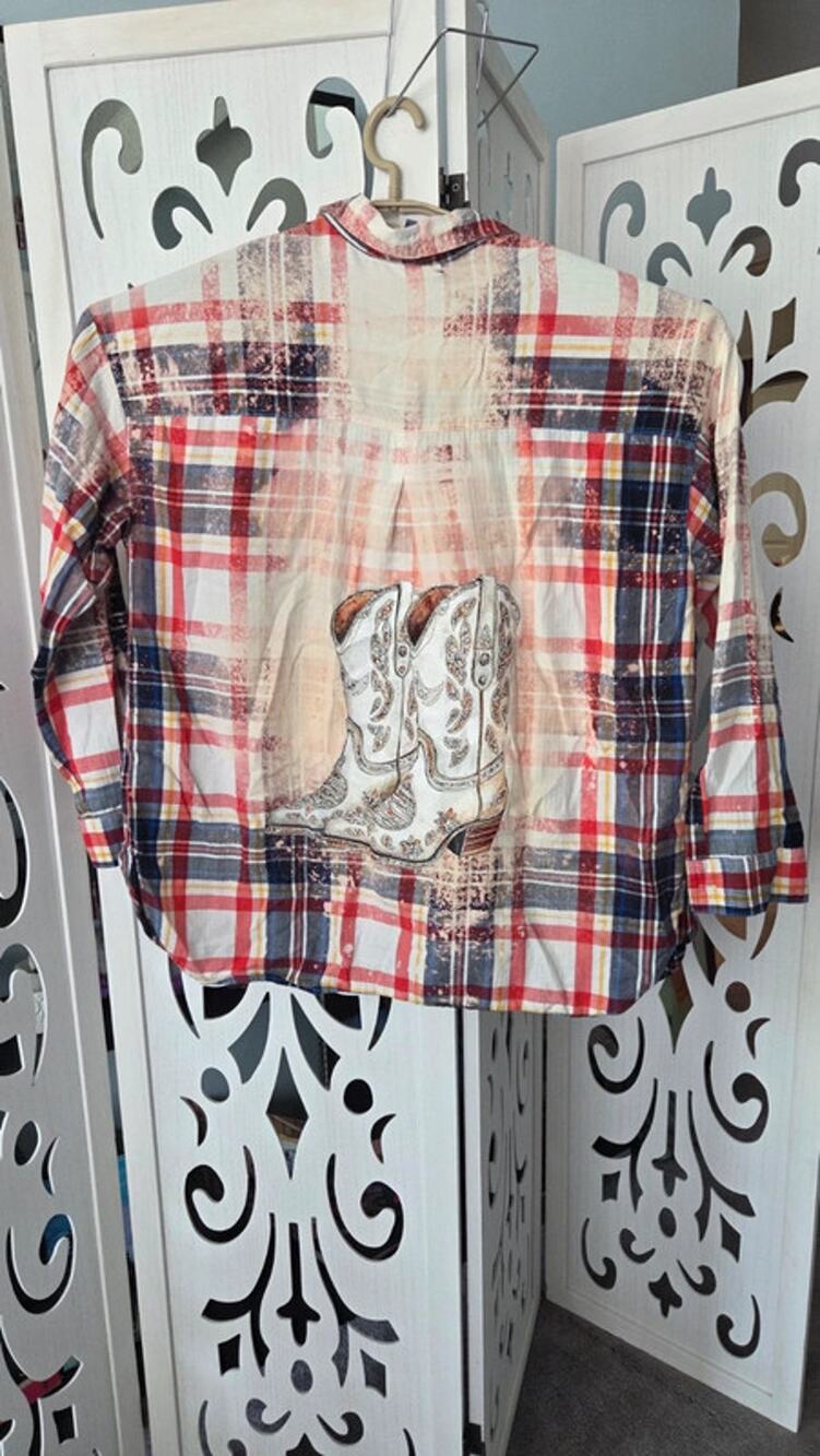 Upcycled Old Navy Boyfriend Shirt XL Plaid Cowboy Boots Western Cowgirl**